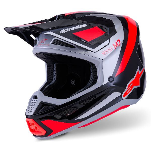 Casque Cross Alpinestars S-M7 Rise Black Silver Red Fluo Glossy Casque Cross Alpinestars S-M7 Rise Black Silver Red Fluo Glossy