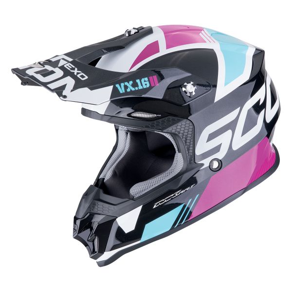 Casque Cross Scorpion VX-16 Evo Air Analog Black Metal Blue Pink Casque Cross Scorpion VX-16 Evo Air Analog Black Metal Blue Pink