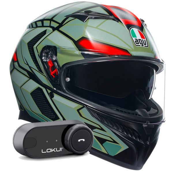Casque Integral AGV K3 Multi Decept Matt Black Green Red + Kit Bluetooth Lokui K30
