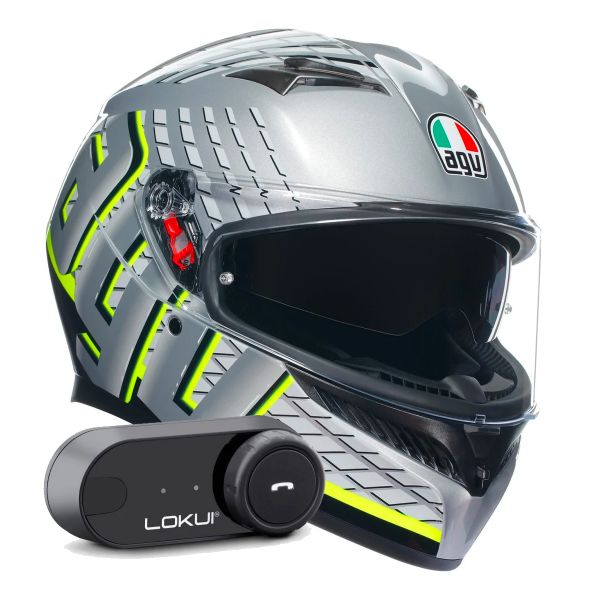 Casque Integral AGV K3 Multi Fortify Grey Black Yellow Fluo + Kit Bluetooth Lokui K30