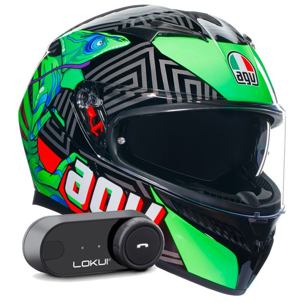 Casque Integral AGV K3 Multi Kameleon Black Red Green + Kit Bluetooth Lokui K30