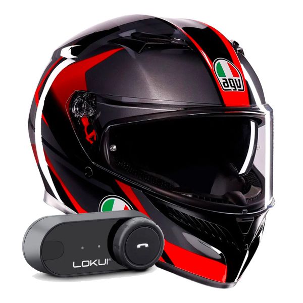 Casque Integral AGV K3 Striga Black Grey Red + Kit Bluetooth Lokui K30