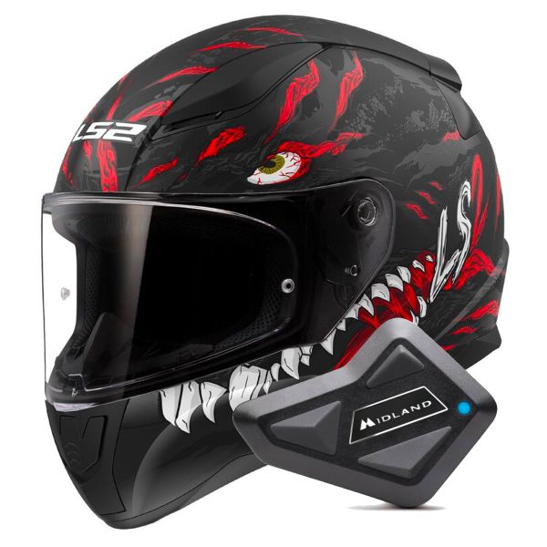 Casque Integral LS2 Rapid II Kaiju Matt Black Red White FF353 + Kit Bluetooth BT Mini