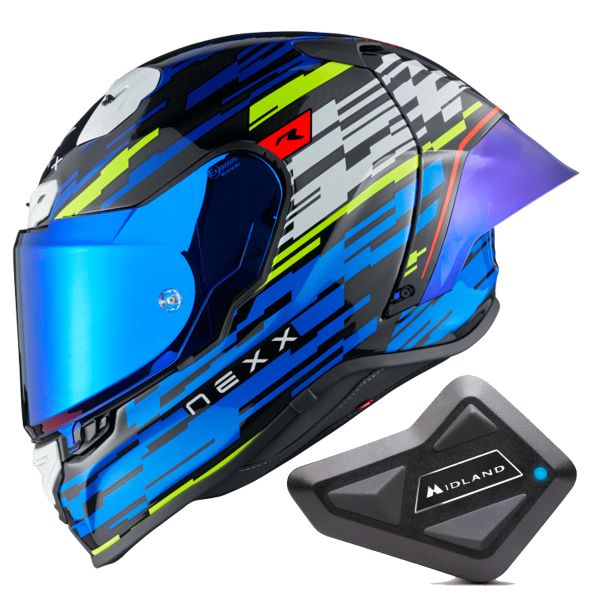 Casque Integral Nexx X.R3R Glitch Racer Blue Neon + Kit Bluetooth BT Mini