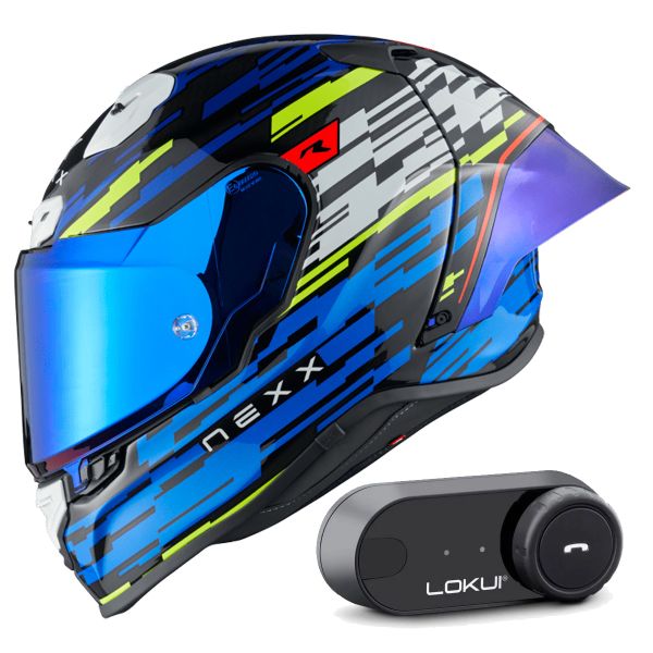 Casque Integral Nexx X.R3R Glitch Racer Blue Neon + Kit Bluetooth Lokui K30