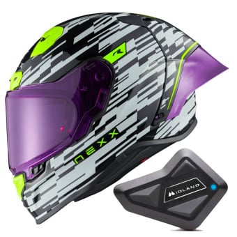 Casque Integral Nexx X.R3R Glitch Racer White Neon + Kit Bluetooth BT Mini
