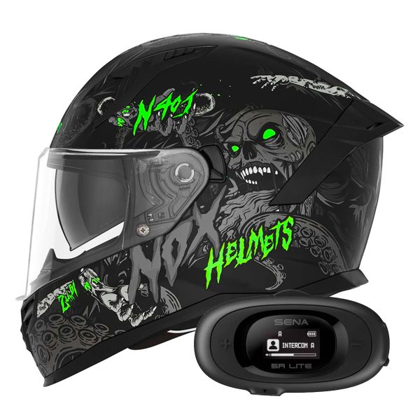 Casque Integral NOX N401 Zumbi Matt Black Neon Green + Kit bluetooth 5R Lite Solo