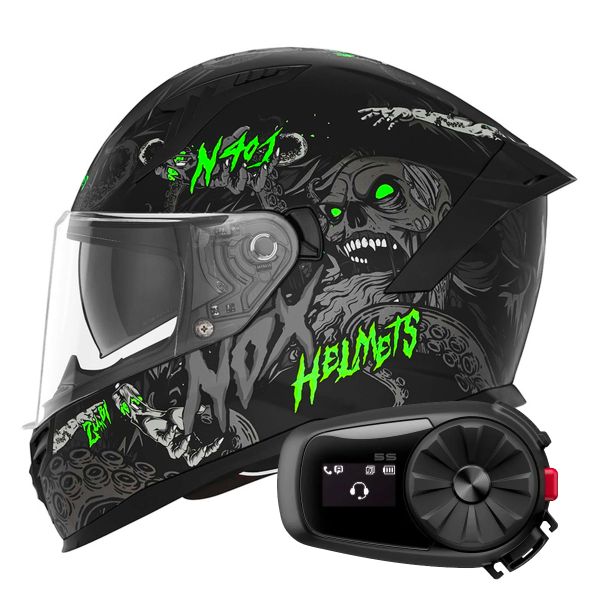 Casque Integral NOX N401 Zumbi Matt Black Neon Green + Kit Bluetooth 5S Solo
