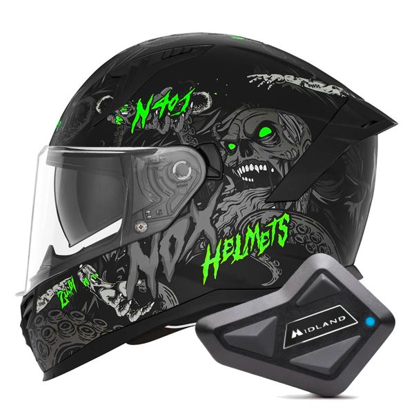 Casque Integral NOX N401 Zumbi Matt Black Neon Green + Kit Bluetooth BT Mini