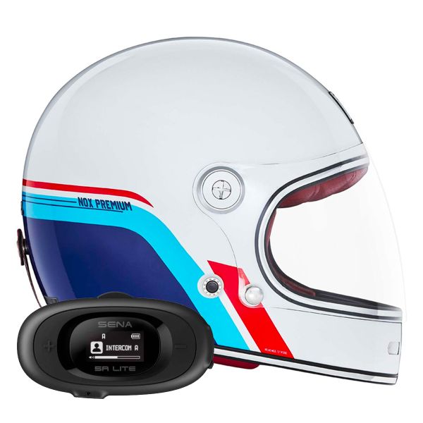 Casque Integral NOX Revenge Strobe Pearl White Blue Red + Kit bluetooth 5R Lite