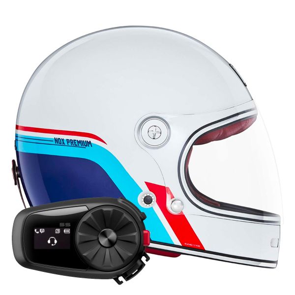 Casque Integral NOX Revenge Strobe Pearl White Blue Red + Kit Bluetooth 5S Solo