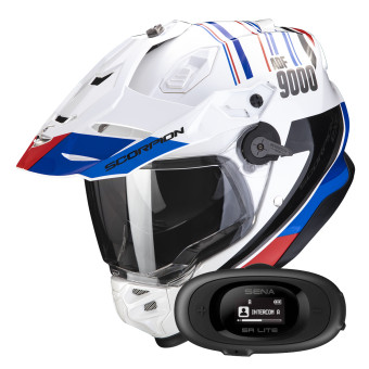 Casque Integral Scorpion ADF 9000 Air Desert White Blue Red + Kit bluetooth 5R Lite Solo