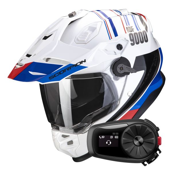 Casque Integral Scorpion ADF 9000 Air Desert White Blue Red + Kit Bluetooth 5S Solo