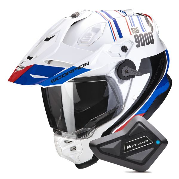 Casque Integral Scorpion ADF 9000 Air Desert White Blue Red + Kit Bluetooth BT Mini