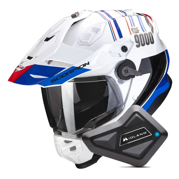 Casque Integral Scorpion ADF 9000 Air Desert White Blue Red + Kit Bluetooth BT Mini