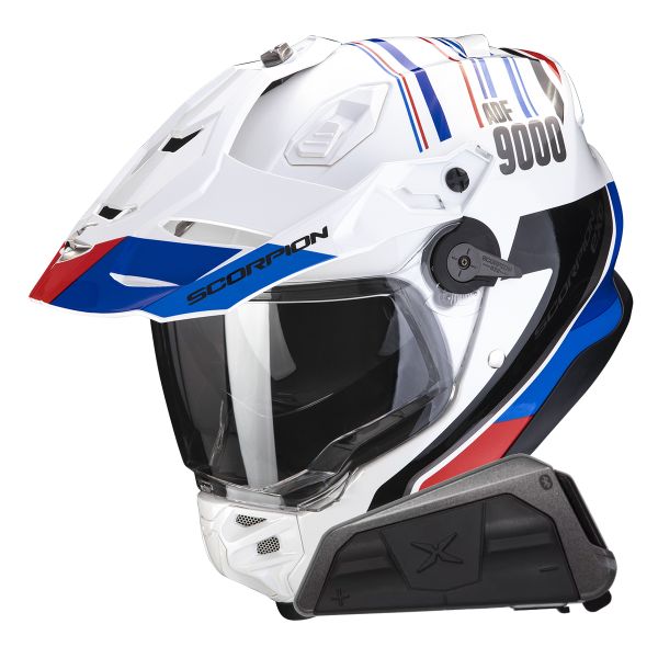 Casque Integral Scorpion ADF 9000 Air Desert White Blue Red + Kit bluetooth Exo-Com Link-1
