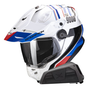 Casque Integral Scorpion ADF 9000 Air Desert White Blue Red + Kit bluetooth Exo-Com Link-1