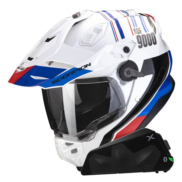 Casque Integral Scorpion ADF 9000 Air Desert White Blue Red + Kit bluetooth Exo-Com Link-1C