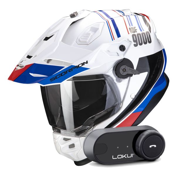 Casque Integral Scorpion ADF 9000 Air Desert White Blue Red + Kit Bluetooth Lokui K30