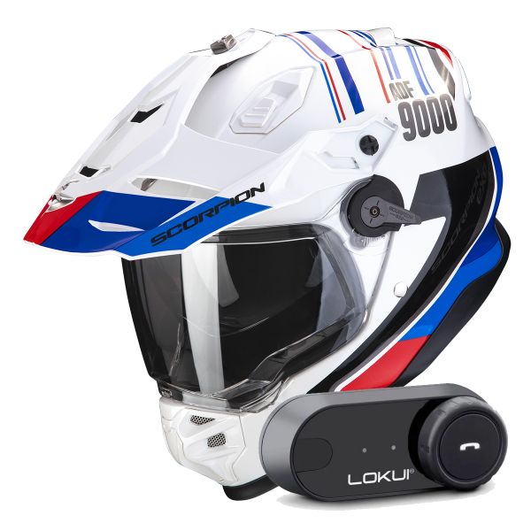 Casque Integral Scorpion ADF 9000 Air Desert White Blue Red + Kit Bluetooth Lokui K30
