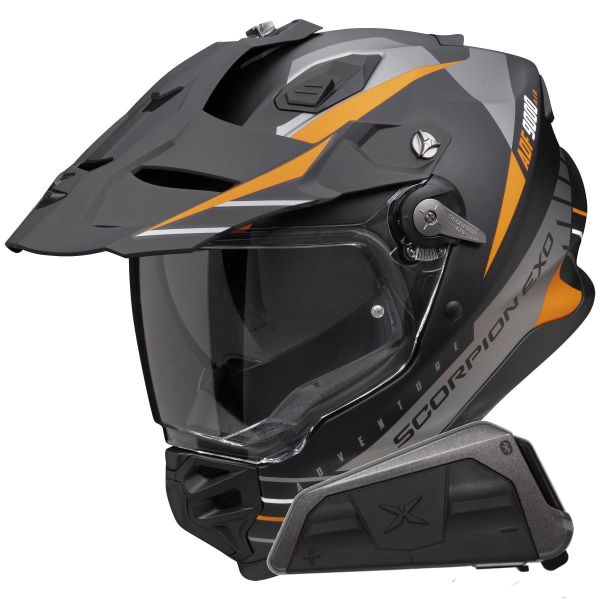 Casque Integral Scorpion ADF 9000 Air Feat Black Mat Silver Orange + Kit bluetooth Exo-Com Link-1