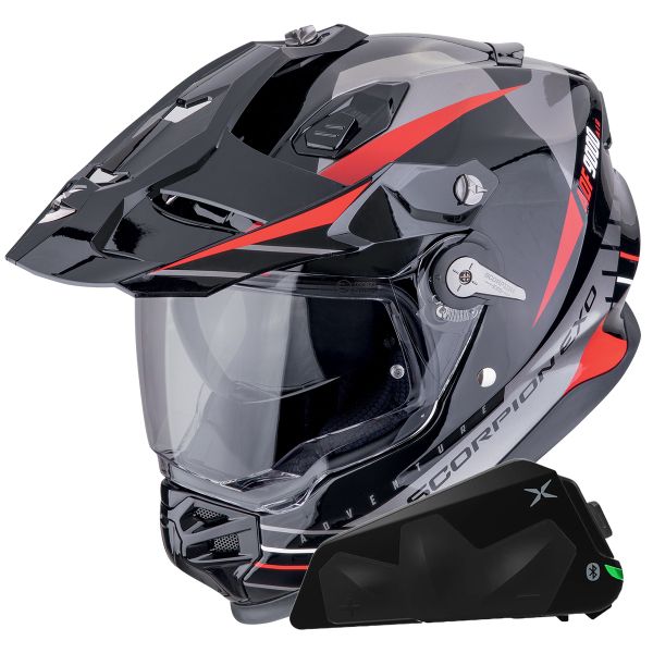 Casque Integral Scorpion ADF 9000 Air Feat Black Silver Red + Kit bluetooth Exo-Com Link-1C