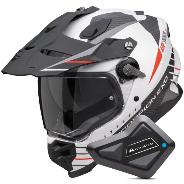 Casque Integral Scorpion ADF 9000 Air Feat White Black Red + Kit Bluetooth BT Mini Casque Integral Scorpion ADF 9000 Air Feat White Black Red + Kit Bluetooth BT Mini