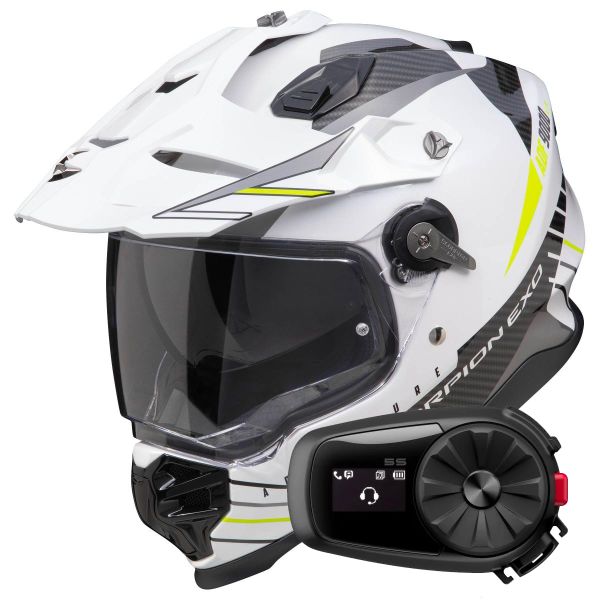 Casque Integral Scorpion ADF 9000 Air Feat White Black Yellow fluo + Kit bluetooth 5R Lite Solo