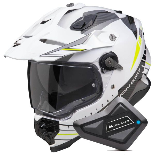 Casque Integral Scorpion ADF 9000 Air Feat White Black Yellow fluo + Kit Bluetooth BT Mini