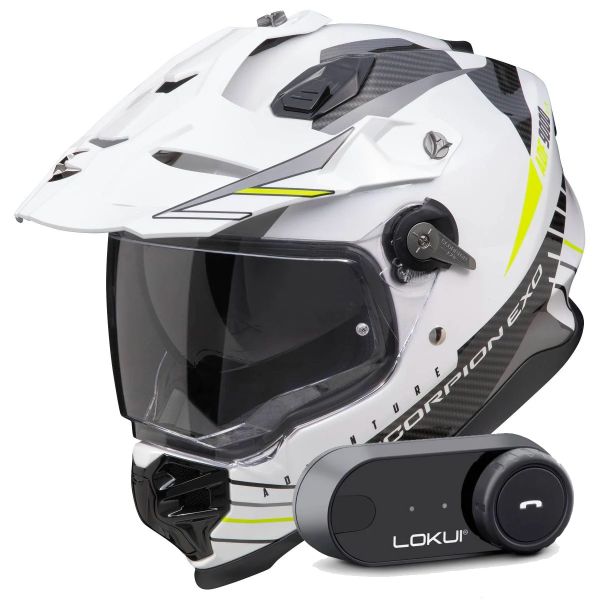 Casque Integral Scorpion ADF 9000 Air Feat White Black Yellow fluo + Kit Bluetooth Lokui K30