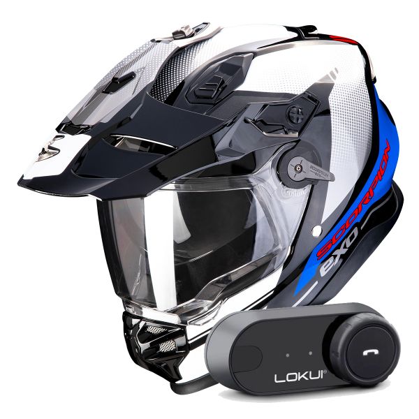 Casque Integral Scorpion ADF 9000 Air Trail Black Blue White + Kit Bluetooth Lokui K30