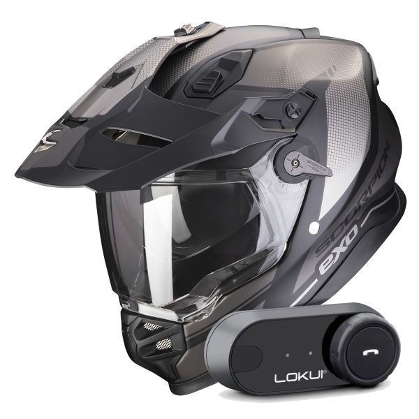 Casque Integral Scorpion ADF 9000 Air Trail Matt Black Silver + Kit Bluetooth Lokui K30