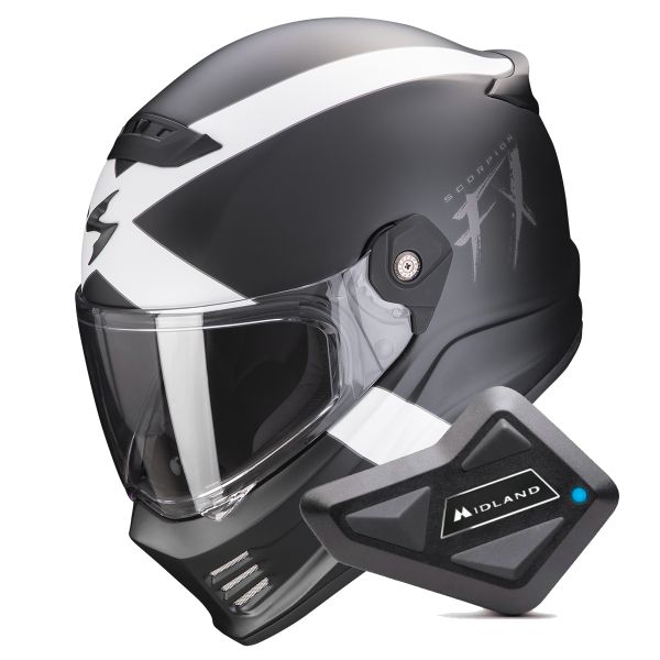 Casque Integral Scorpion Covert FX Gallus Matt Black White + Kit Bluetooth BT Mini