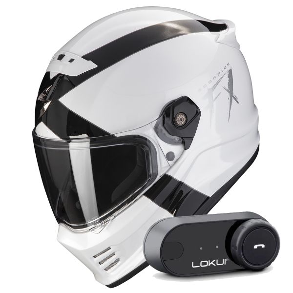 Casque Integral Scorpion Covert FX Gallus White Black + Kit Bluetooth Lokui K30