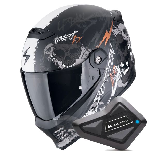 Casque Integral Scorpion Covert FX Skullz Black Grey Red + Kit Bluetooth BT Mini