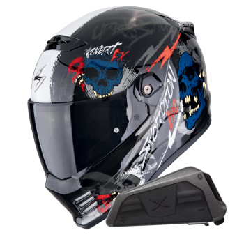 Casque Integral Scorpion Covert FX Skullz Matt Black Grey Gold + Kit bluetooth Exo-Com Link-1