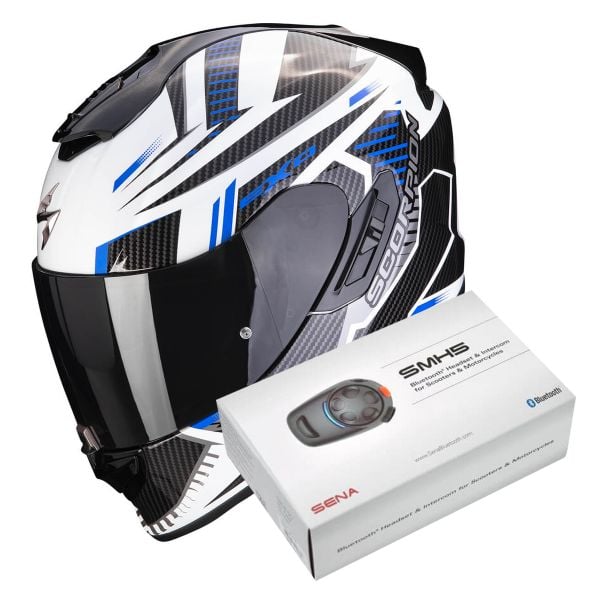 Casque Integral Scorpion Exo 1400 Evo Air Shell White Blue + Intercom Sena SMH5