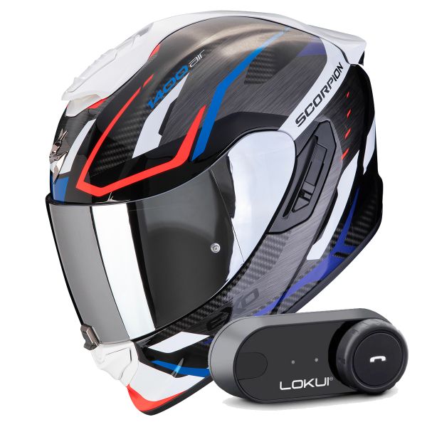 Casque Integral Scorpion Exo 1400 Evo II Air Accord Black Blue White + Kit Bluetooth Lokui K30