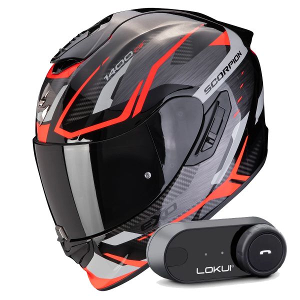 Casque Integral Scorpion Exo 1400 Evo II Air Accord Grey Red + Kit Bluetooth Lokui K30