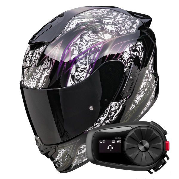 Casque Integral Scorpion Exo 1400 Evo II Air Fantasy Black White + Kit Bluetooth 5S Solo