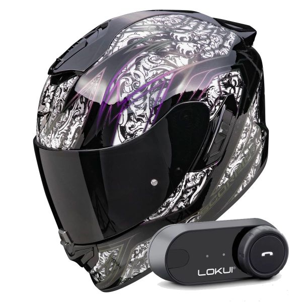 Casque Integral Scorpion Exo 1400 Evo II Air Fantasy Black White + Kit Bluetooth Lokui K30