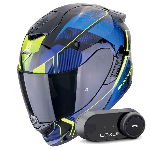 Casque Integral Scorpion Exo 1400 Evo II Air Intensio Black Blue + Kit Bluetooth Lokui K30