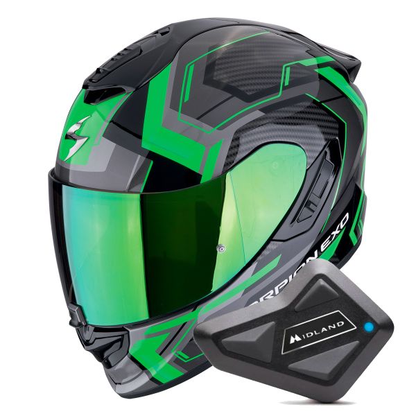 Casque Integral Scorpion Exo 1400 Evo II Air Linart Black Green + Kit Bluetooth BT Mini