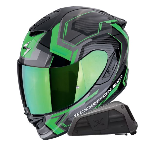 Casque Integral Scorpion Exo 1400 Evo II Air Linart Black Green + Kit bluetooth Exo-Com Link-1