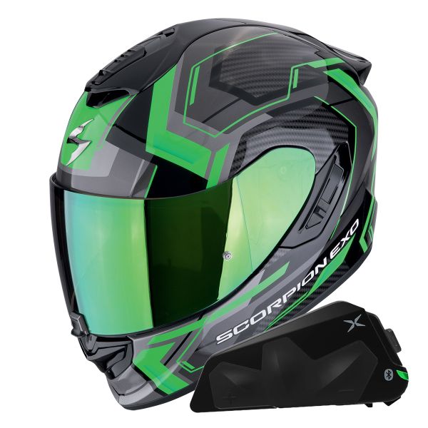 Casque Integral Scorpion Exo 1400 Evo II Air Linart Black Green + Kit bluetooth Exo-Com Link-1C