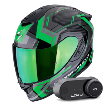 Casque Integral Scorpion Exo 1400 Evo II Air Linart Black Green + Kit Bluetooth Lokui K30
