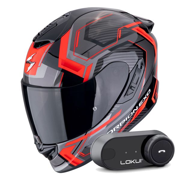 Casque Integral Scorpion Exo 1400 Evo II Air Linart Black Red + Kit Bluetooth Lokui K30