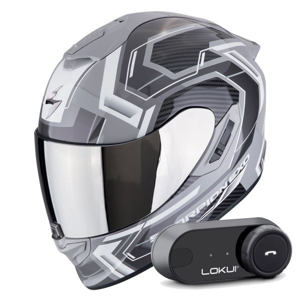 Casque Integral Scorpion Exo 1400 Evo II Air Linart Grey White + Kit Bluetooth Lokui K30