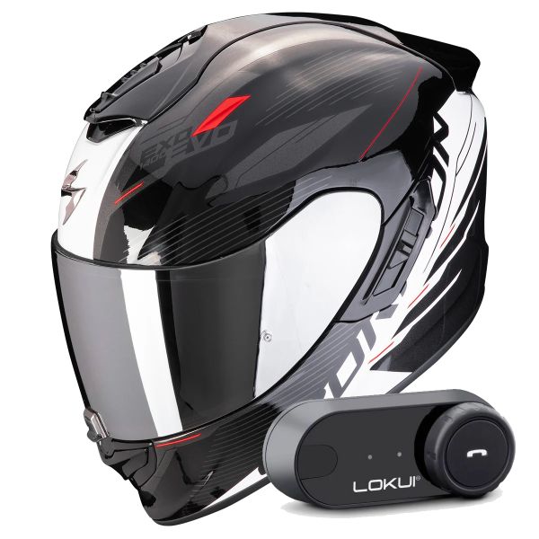Casque Integral Scorpion Exo 1400 Evo II Air Luma Black White + Kit Bluetooth Lokui K30