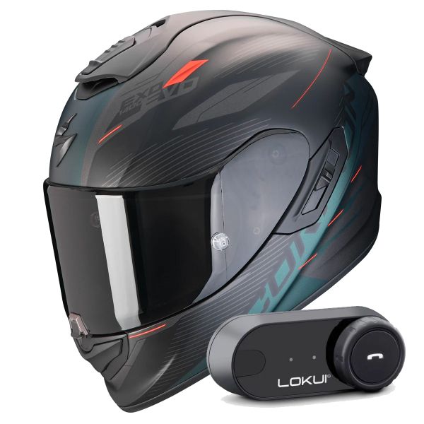Casque Integral Scorpion Exo 1400 Evo II Air Luma Matt Black Green + Kit Bluetooth Lokui K30